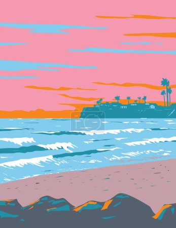 Foto de WPA poster art of surf beach at Tourmaline Surfing Park in North Pacific Beach, San Diego, California, Estados Unidos USA done in works project administration - Imagen libre de derechos