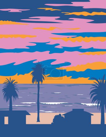 Illustration for WPA poster art of surf beach at Moonlight State Beach in Encinitas, California CA, United States of America USA done in works project administration - Royalty Free Image