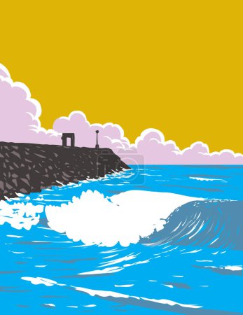 Téléchargez les illustrations : Affiche WPA art de la plage de surf à South Mission Jetty à Mission Beach, San Diego, Californie CA, États-Unis d'Amérique USA fait dans l'administration du projet de travaux - en licence libre de droit