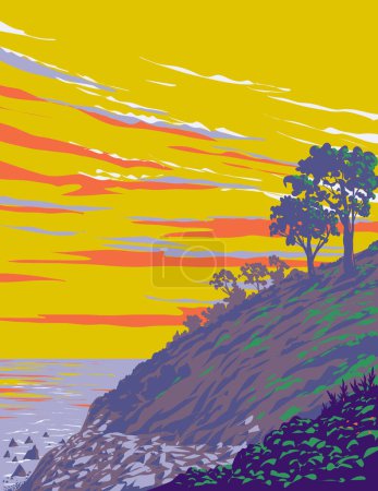 Illustration for WPA poster art of steep bluffs at Block Island in New Shoreham, Washington County located in Rhode Island, New England, United States done in works project administration or Art Deco style - Royalty Free Image