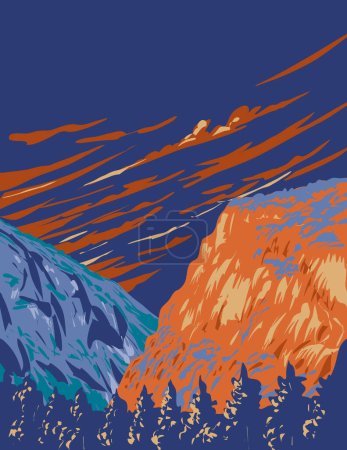 Téléchargez les illustrations : Affiche d'art WPA de Smugglers Notch State Park avec le mont Mansfield et Sterling Mountain près de Stowe dans le comté de Lamoille, Vermont, Nouvelle-Angleterre États-Unis fait dans l'administration de projet d'œuvres ou style Art déco - en licence libre de droit