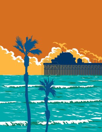 Ilustración de WPA poster art of surf beach at Oceanside Municipal Pier located in Oceanside, in northern San Diego County, California CA, United States of America USA done in works project administration - Imagen libre de derechos