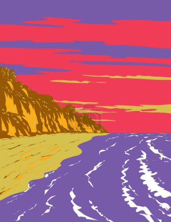 Ilustración de WPA poster art of surf beach at El Capitan State Beach along the Gaviota Coast in Santa Barbara County, California CA, United States done in works project administration - Imagen libre de derechos