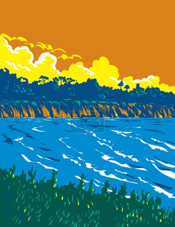 Ilustración de Afiche del WPA arte de la playa de surf en Devereux Beach o West Campus Beach en el lado este de Coal Oil Point en Isla Vista, Santa Barbara, California CA, Estados Unidos hecho en la administración de proyectos de obras - Imagen libre de derechos