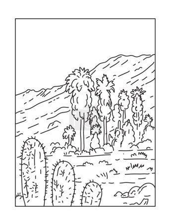 Téléchargez les illustrations : Illustration en ligne mono du monument national des monts Santa Rosa et San Jacinto, dans le sud de la Californie, réalisée en style monoline. - en licence libre de droit