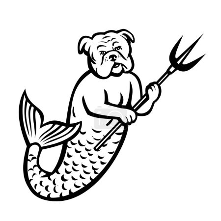 Téléchargez les illustrations : Mascotte de Bulldog Sirène anglaise avec Trident Cartoon - en licence libre de droit