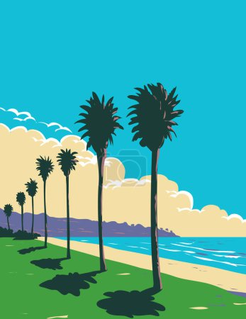 Illustration for WPA poster art of surf beach at La Jolla Shores Beach in San Diego, California CA, United States of America USA done in works project administration - Royalty Free Image