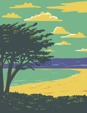 Téléchargez les illustrations : Affiche d'art WPA de plage de surf à Carmel Beach dans le comté de Monterey, Californie CA, États-Unis d'Amérique États-Unis fait dans l'administration du projet de travaux - en licence libre de droit