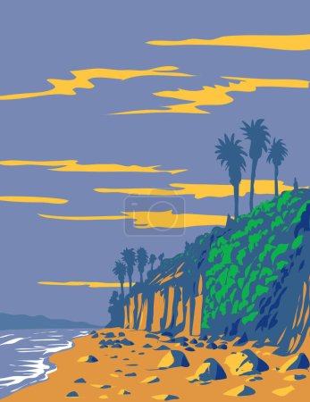 Téléchargez les illustrations : Affiche d'art WPA de plage de surf à Beacon Beach dans Leucadia State Beach dans la ville d'Encinitas, Californie CA, États-Unis d'Amérique États-Unis fait dans l'administration du projet de travaux - en licence libre de droit