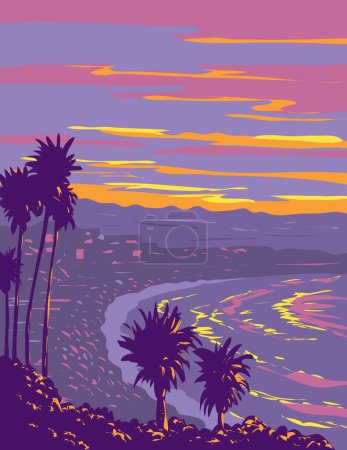 Illustration for WPA poster art of surf beach at Malibu west of Los Angeles, California CA, United States of America USA done in works project administration - Royalty Free Image