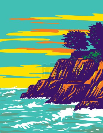 Téléchargez les illustrations : Affiche d'art WPA de plage de surf à Pleasure Point Beach à Santa Cruz, Californie CA, États-Unis d'Amérique États-Unis fait dans l'administration du projet de travaux - en licence libre de droit