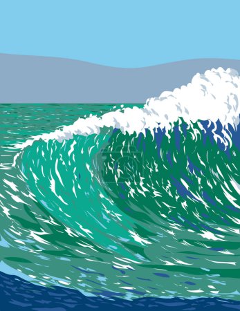 Téléchargez les illustrations : Affiche d'art WPA de plage de surf à Sandspit Beach ou Santa Barbara Harbor Beach à San Luis Obispo, Californie CA, États-Unis d'Amérique USA fait dans l'administration du projet de travaux - en licence libre de droit