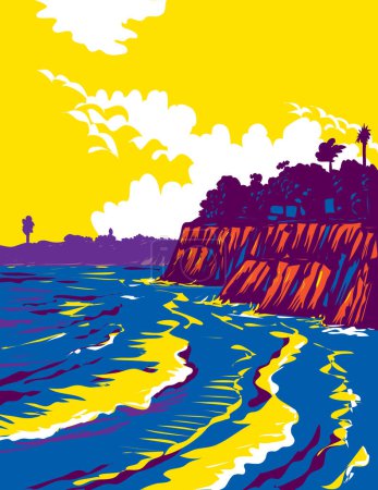 Ilustración de WPA poster art of surf beach at Campus Point Beach on Lagoon Road, Isla Vista, California CA, United States of America USA done in works project administration - Imagen libre de derechos