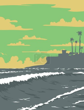 Illustration for WPA poster art of surf beach at Cardiff Reef on the Coast Highway in Cardiff by the Sea in Encinitas, San Diego County, California, United States USA done in works project administration - Royalty Free Image