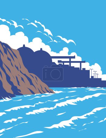 Illustration for WPA poster art of surf beach at San Onofre State Beach with San Onofre Nuclear Generating Station in  San Clemente, San Diego, California, United States USA done in works project administration - Royalty Free Image