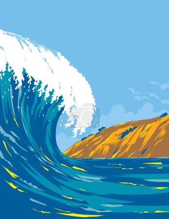 Ilustración de WPA poster art of surf beach at Blacks Beach within Torrey Pines State Beach in La Jolla San Diego, California Estados Unidos USA done in works project administration - Imagen libre de derechos