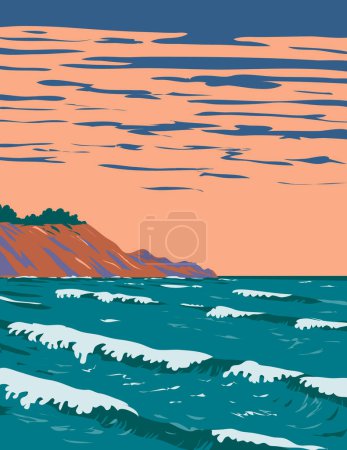 Ilustración de WPA cartel arte de surf playa en Linda Mar dentro de Pacific State Beach en Pacifica, California CA, Estados Unidos de América EE.UU. hecho en obras de administración de proyectos - Imagen libre de derechos
