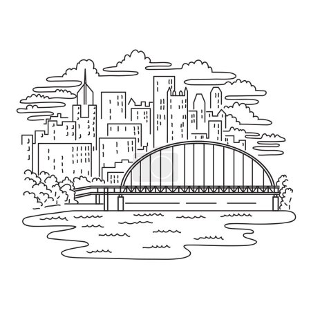 Ilustración de Mono line illustration of Fort Pitt Bridge spanning the Monongahela River in Pittsburgh, Pennsylvania, United States of America done in monoline line black and white art style - Imagen libre de derechos