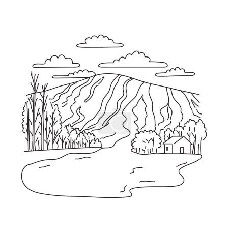 Téléchargez les illustrations : Illustration en ligne mono du domaine skiable de Sugarloaf Mountain dans la vallée de Carrabassett, dans l'ouest du Maine, aux États-Unis - en licence libre de droit