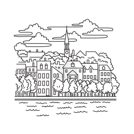 Téléchargez les illustrations : Illustration mono ligne de la vieille ville d'Alexandrie le long de la rivière Potomac dans la ville d'Alexandrie, Virginie, États-Unis d'Amérique fait en ligne monoline style art noir et blanc - en licence libre de droit