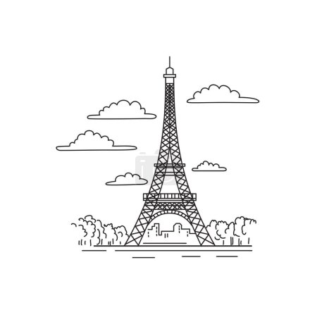 Mono line illustration of Eiffel Tower or Tour Eiffel on the Champ de Mars in Paris, France done in monoline line art black and white style