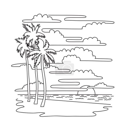 Téléchargez les illustrations : Illustration mono ligne de palmiers à Hollywood Beach situé entre Fort Lauderdale et Miami Beach dans le sud de la Floride, États-Unis fait dans l'art de ligne monoline style noir et blanc - en licence libre de droit