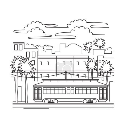 Téléchargez les illustrations : Illustration en ligne mono d'un tramway ou d'un trolley-car à La Nouvelle-Orléans, Louisiane, États-Unis réalisée dans un style monoline line art noir et blanc - en licence libre de droit