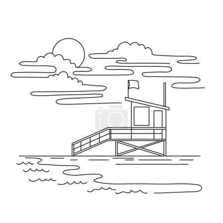 Illustration for Mono line illustration of Lifeguard Tower on Venice Beach, Los Angeles County, California, USA  done in monoline line art black and white style - Royalty Free Image