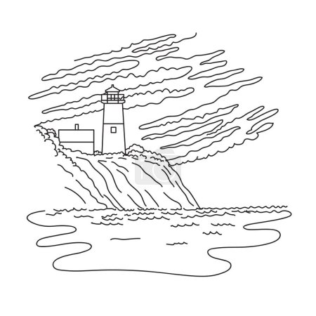 Téléchargez les illustrations : Illustration en ligne mono du phare de Nauset Light ou de Nauset Beach Light sur le littoral national de Cape Cod, près d'Eastham, Massachusetts, États-Unis, style noir et blanc - en licence libre de droit