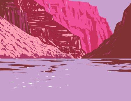 Illustration for WPA poster art of the Colorado River cutting the Inner Gorge within Grand Canyon National Park in Arizona, United States done in works project administration or federal art project style. - Royalty Free Image