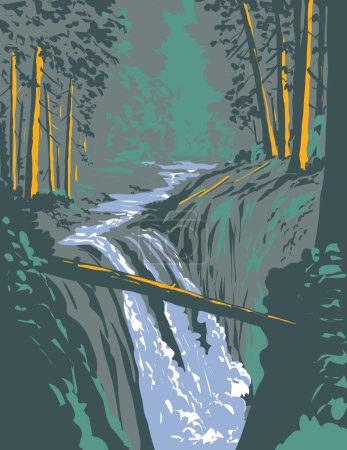 Ilustración de Arte del cartel del WPA de Sol Duc Falls en Soleduck River dentro del Parque Nacional Olímpico en el estado de Washington, EE. UU., hecho en administración de proyectos de obras o estilo de proyecto de arte federal - Imagen libre de derechos