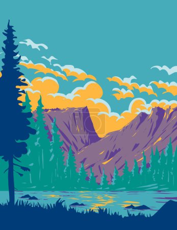 Ilustración de Arte del cartel de WPA de Dream Lake en Rocky Mountain National Park en el norte de Colorado, EE.UU. hecho en la administración de proyectos de obras o estilo de proyecto de arte federal - Imagen libre de derechos