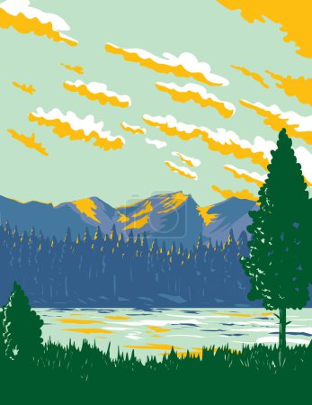 Téléchargez les illustrations : Affiche d'art de la WPA du lac Sprague sur le côté sud de Glacier Creek dans le parc national des montagnes Rocheuses, Colorado, États-Unis fait dans l'administration de projet d'œuvres ou le style de projet d'art fédéral - en licence libre de droit