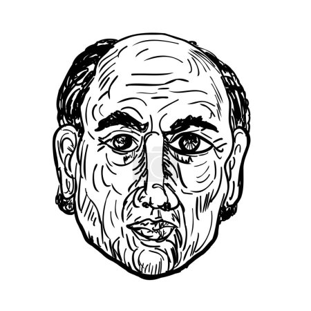 Illustration for Drawing sketch style illustration of a head of a Caucasian bald man front view on isolated background done in black and white ilne art. - Royalty Free Image