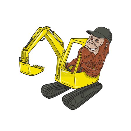 Ilustración de Ilustración de dibujo de arte de línea de sasquatch o bigfoot, un mono como criatura en el folklore canadiense y americano, con sombrero de camionero conduciendo una excavadora mecánica en estilo de dibujos animados tatuaje en color. - Imagen libre de derechos