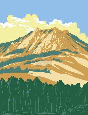 Ilustración de Afiche de arte WPA de Bishop Peak, la más alta de las Morros o Nueve Hermanas que se extiende hasta la Bahía Morro en San Luis Obispo, California, EE.UU. hecho en administración de proyectos de obras o estilo de proyecto de arte federal - Imagen libre de derechos