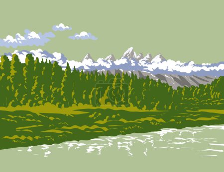 Ilustración de Arte del cartel de WPA de Teton Range en las nubes en el Parque Nacional Grand Teton en Jackson Hole noroeste de Wyoming, EE.UU. hecho en obras de administración de proyectos o estilo de proyecto de arte federal - Imagen libre de derechos