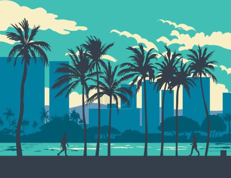 Illustration for WPA poster art of Ala Wai Canal with cityscape along Ala Wai Boulevard in the Waikiki tourist district in Honolulu, Hawaii in done in works project administration style or federal art project style - Royalty Free Image