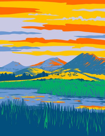Illustration for WPA poster art of Laguna Lake with with the Morros or Nine Sisters in San Luis Obispo, California USA done in works project administration or federal art project style - Royalty Free Image