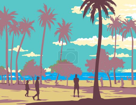 Illustration for WPA poster art of beachcombers in Waikiki Beach located in Honolulu County in the island of Oahu, Hawaii USA in done in works project administration style or federal art project style - Royalty Free Image