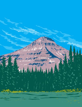 WPA poster art of Glacier National Park with glacier carved peaks and valleys running to the Canadian border in the Rocky Mountains of Montana USA done in works project administration