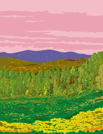 Téléchargez les illustrations : Affiche d'art de l'automne de la WPA dans la partie du Tennessee du parc national des Great Smoky Mountains aux États-Unis réalisée dans l'administration de projets d'œuvres ou dans le style de projet artistique fédéral - en licence libre de droit