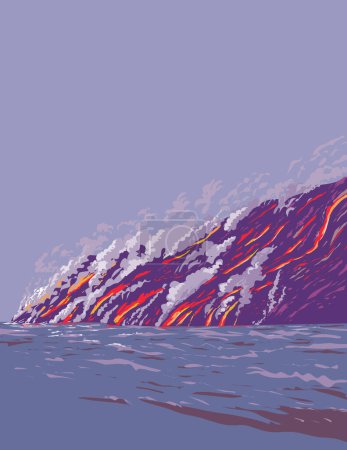 Téléchargez les illustrations : Affiche d'art de la WPA du parc national des volcans d'Hawaï sur l'île d'Hawaï la grande île englobant Kilauea et Mauna Loa volcans actifs effectués dans l'administration de projet d'œuvres ou style de projet d'art fédéral - en licence libre de droit