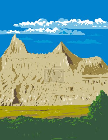 Ilustración de WPA poster art of the Badlands National Park located in southwestern South Dakota, United States of America USA done in works project administration or federal art project style. - Imagen libre de derechos