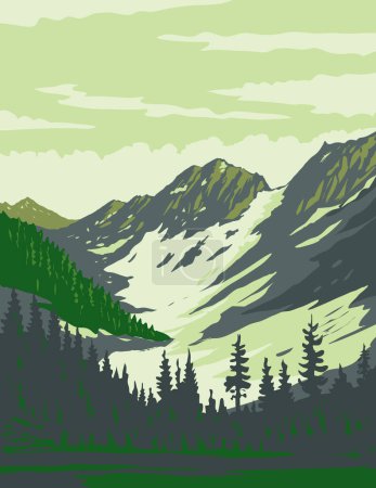 Ilustración de Arte del cartel del WPA del Parque Nacional de las Cascadas del Norte con Magic Mountain y Pelton Peak en el norte del estado de Washington, EE. UU., hecho en administración de proyectos de obras o estilo de proyecto de arte federal - Imagen libre de derechos