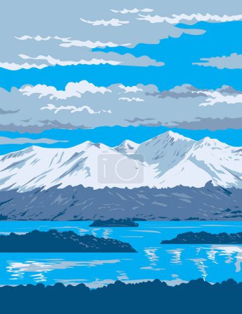 Téléchargez les illustrations : Affiche d'art de la WPA du lac Clark et des montagnes Chigmit dans le parc national et réserve de parc national du lac Clark situé dans le sud-ouest de l'Alaska, aux États-Unis, réalisée dans l'administration de projets d'œuvres ou dans le style de projet artistique fédéral - en licence libre de droit