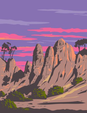 Ilustración de Afiche del WPA arte de formaciones rocosas en el Parque Nacional Pinnacles ubicado al este del Valle de Salinas en el centro de California, EE. UU., hecho en administración de proyectos de obras o estilo de proyecto de arte federal - Imagen libre de derechos