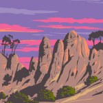 WPA poster art of rock formations at Pinnacles National Park located east of the Salinas Valley in Central California USA done in works project administration or federal art project style