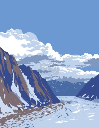 Arte del cartel del WPA del Glaciar Ruth en el Parque Nacional Denali y Preserve debajo de la cumbre del Monte McKinley en Alaska EE.UU. hecho en la administración de proyectos de obras o estilo de proyecto de arte federal