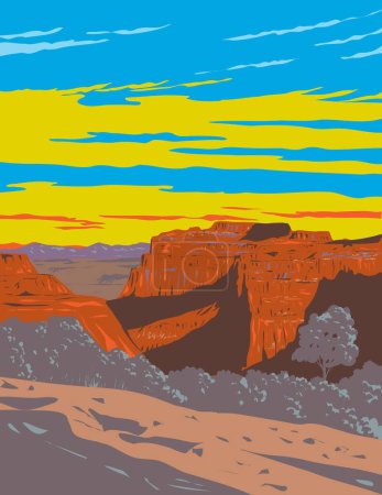 WPA poster art of mesa in Canyonlands National Park located in southeastern Utah near the town of Moab, USA done in works project administration or federal art project style